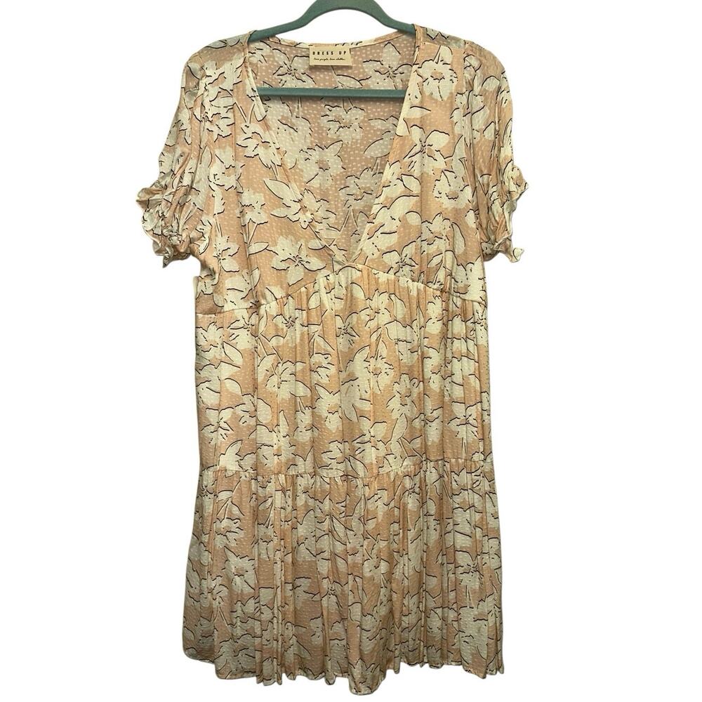 Dress Up NWT Large Peach Floral Babydoll Mini‎ Dress V Neck Tiered Boho Dress